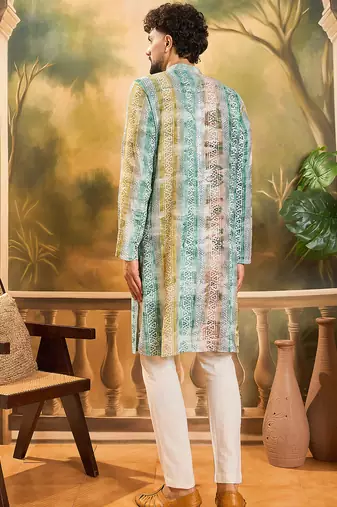 Men green viscose rayon batik embroidered straight kurta