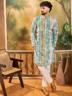 Men green viscose rayon batik embroidered straight kurta 5