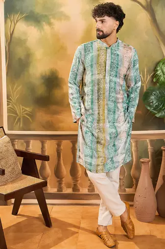 Men green viscose rayon batik embroidered straight kurta
