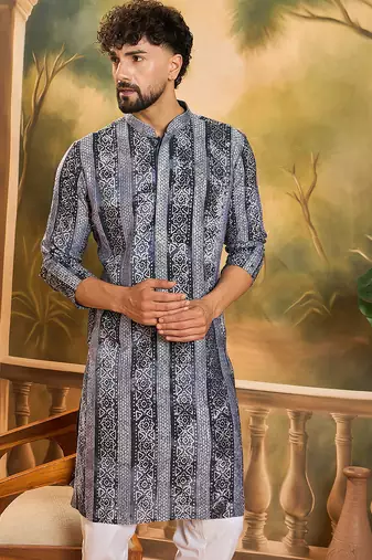 Men blue viscose rayon batik embroidered straight kurta