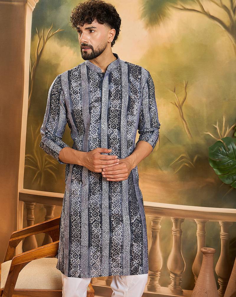 Men blue viscose rayon batik embroidered straight kurta