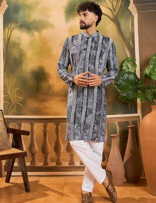 Men blue viscose rayon batik embroidered straight kurta 1