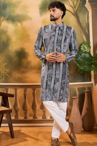 Men blue viscose rayon batik embroidered straight kurta