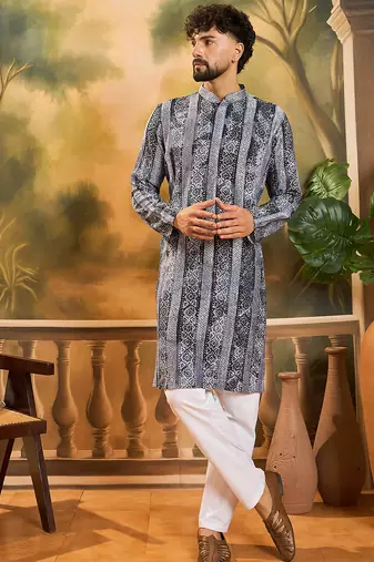 Men blue viscose rayon batik embroidered straight kurta