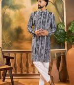 Men blue viscose rayon batik embroidered straight kurta