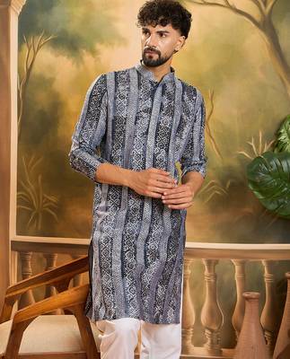 Men blue viscose rayon batik embroidered straight kurta 3
