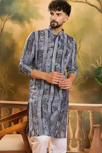 Men blue viscose rayon batik embroidered straight kurta