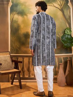 Men blue viscose rayon batik embroidered straight kurta 4