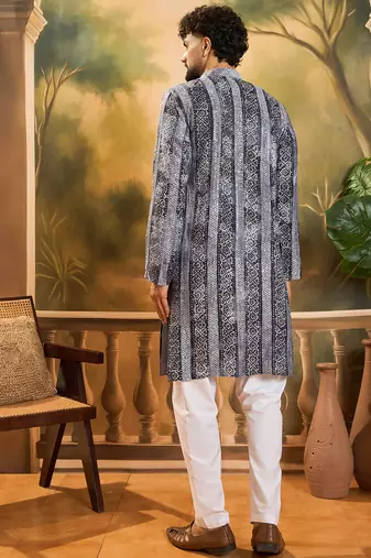 Men blue viscose rayon batik embroidered straight kurta