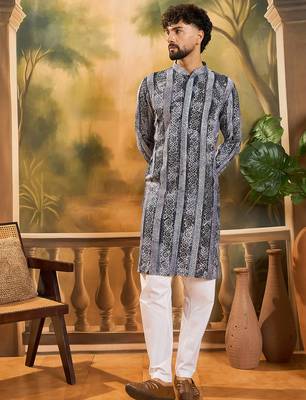 Men blue viscose rayon batik embroidered straight kurta 5