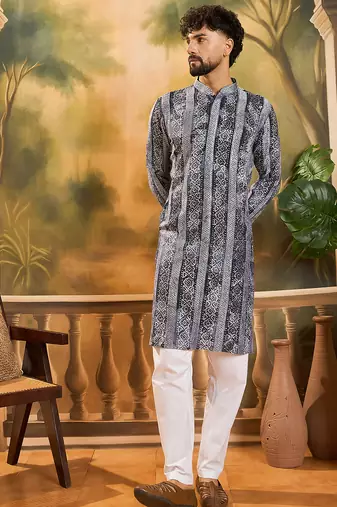 Men blue viscose rayon batik embroidered straight kurta