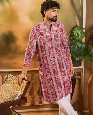 Men red viscose rayon batik embroidered straight kurta 1