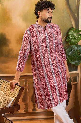 Men red viscose rayon batik embroidered straight kurta