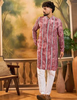 Men red viscose rayon batik embroidered straight kurta 2