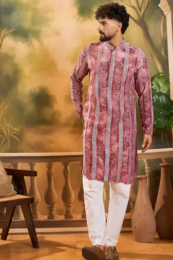 Men red viscose rayon batik embroidered straight kurta