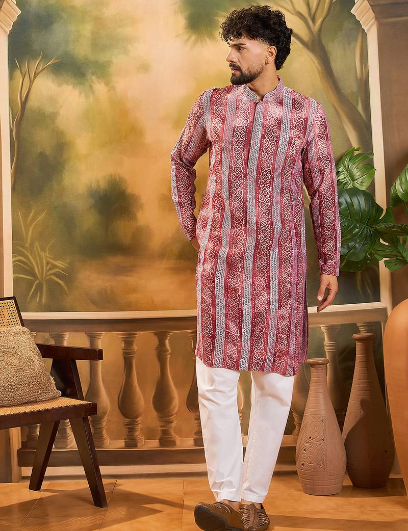 Men red viscose rayon batik embroidered straight kurta