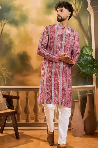 Men red viscose rayon batik embroidered straight kurta