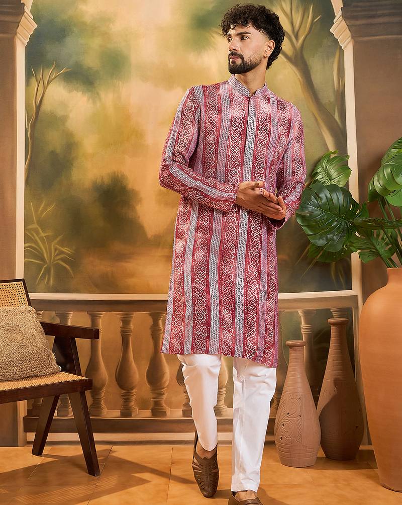 Men red viscose rayon batik embroidered straight kurta