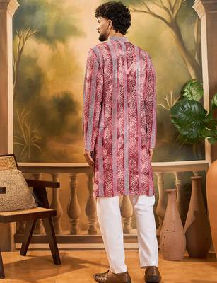Men red viscose rayon batik embroidered straight kurta 4