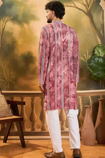 Men red viscose rayon batik embroidered straight kurta