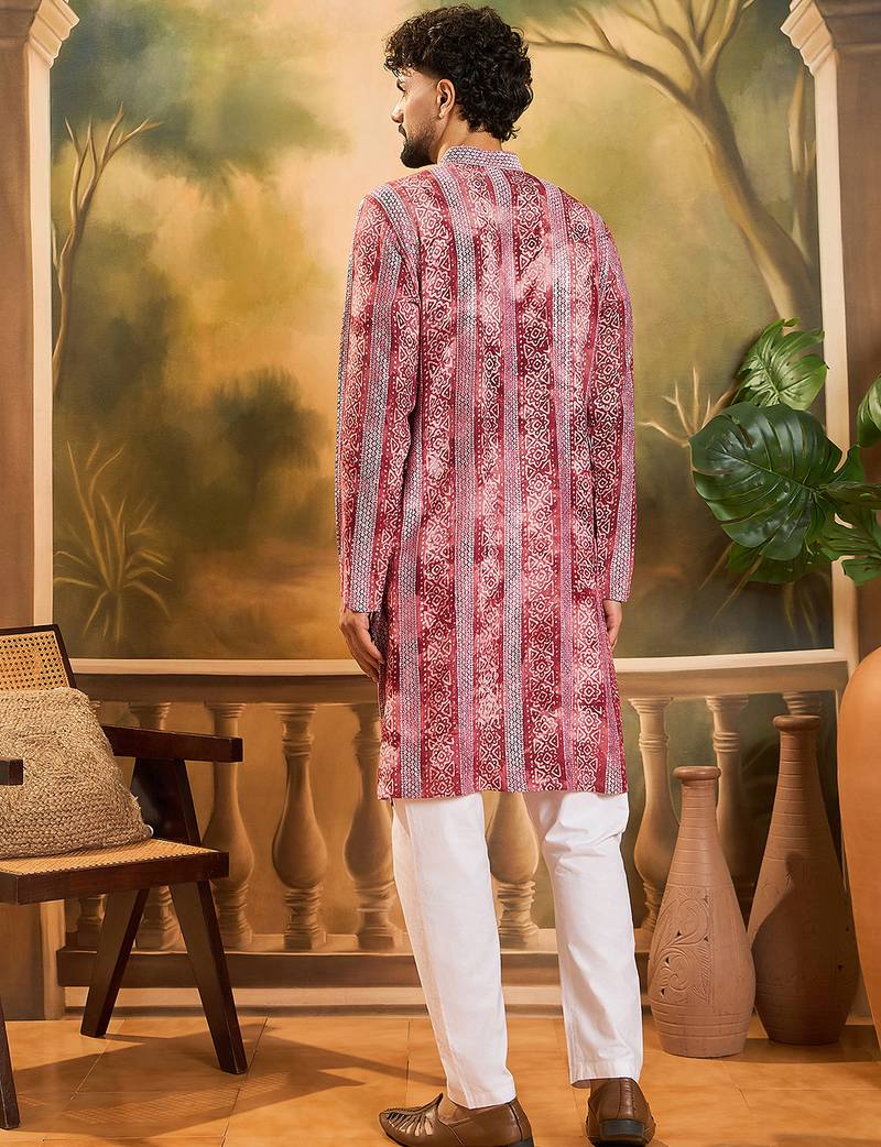 Men red viscose rayon batik embroidered straight kurta