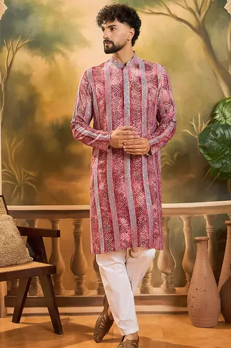 Men red viscose rayon batik embroidered straight kurta