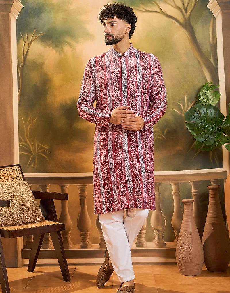 Men red viscose rayon batik embroidered straight kurta
