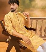 Men yellow viscose rayon shibori embroidered straight kurta