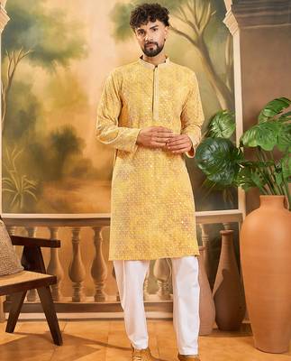 Men yellow viscose rayon shibori embroidered straight kurta 2