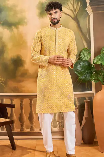 Men yellow viscose rayon shibori embroidered straight kurta