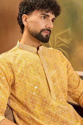 Men yellow viscose rayon shibori embroidered straight kurta