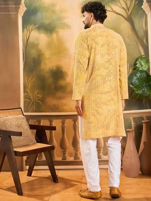 Men yellow viscose rayon shibori embroidered straight kurta 4