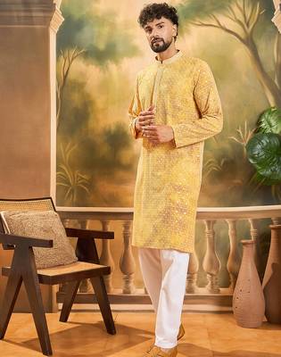 Men yellow viscose rayon shibori embroidered straight kurta 5