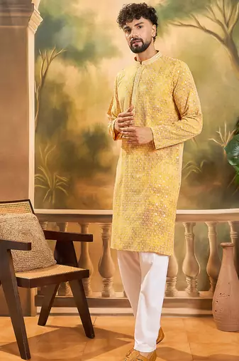 Men yellow viscose rayon shibori embroidered straight kurta