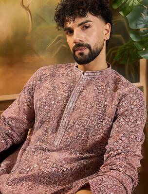Men brown viscose rayon shibori embroidered straight kurta 1