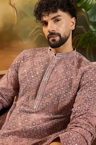Men brown viscose rayon shibori embroidered straight kurta