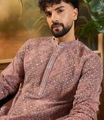Men brown viscose rayon shibori embroidered straight kurta