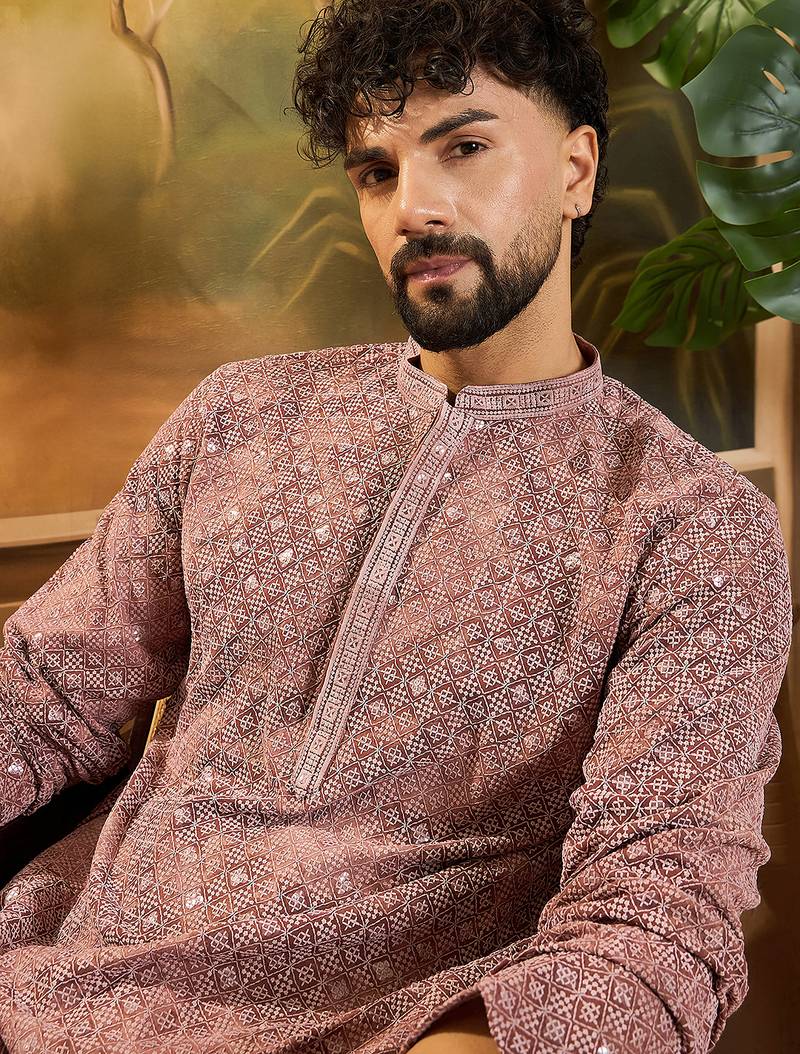 Men brown viscose rayon shibori embroidered straight kurta