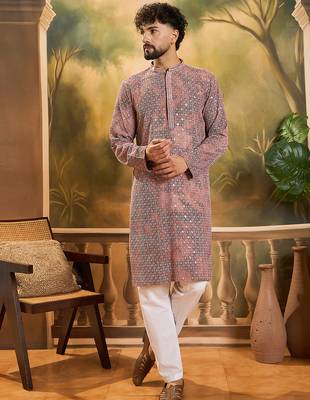 Men brown viscose rayon shibori embroidered straight kurta 2
