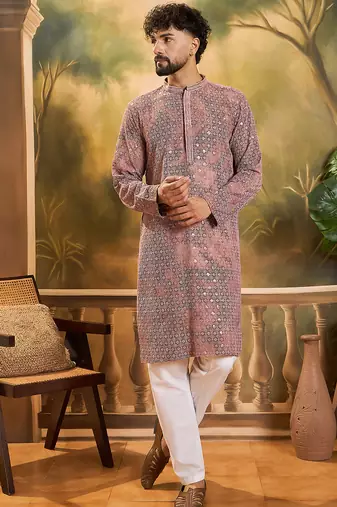 Men brown viscose rayon shibori embroidered straight kurta