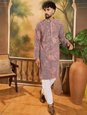Men brown viscose rayon shibori embroidered straight kurta 3