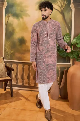 Men brown viscose rayon shibori embroidered straight kurta