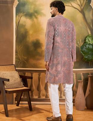 Men brown viscose rayon shibori embroidered straight kurta 4