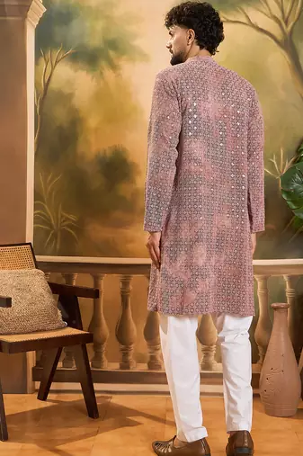 Men brown viscose rayon shibori embroidered straight kurta