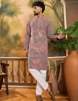 Men brown viscose rayon shibori embroidered straight kurta 5