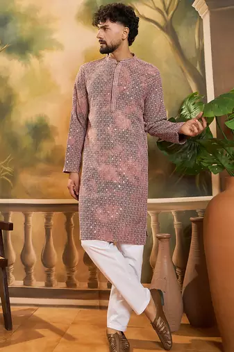 Men brown viscose rayon shibori embroidered straight kurta