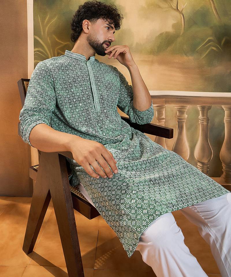 Men green viscose rayon shibori embroidered straight kurta