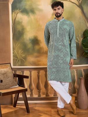 Men green viscose rayon shibori embroidered straight kurta 2