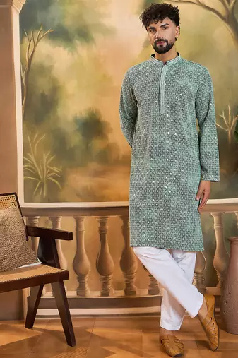 Men green viscose rayon shibori embroidered straight kurta