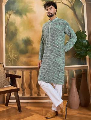 Men green viscose rayon shibori embroidered straight kurta 3